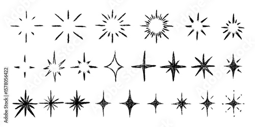 Stars big set. Chalk textured kids freehand drawing shine twinkle. Crayon hand drawn child scribble spark. Pastel pencil childish decorative sparkling collection. Sketch vector illustration isolated