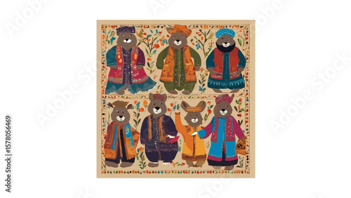 Adorable illustration showcases a group of cute bears dressed in colorful, traditional clothing, set against a floral decorated background that evokes a sense of culture and whimsy.