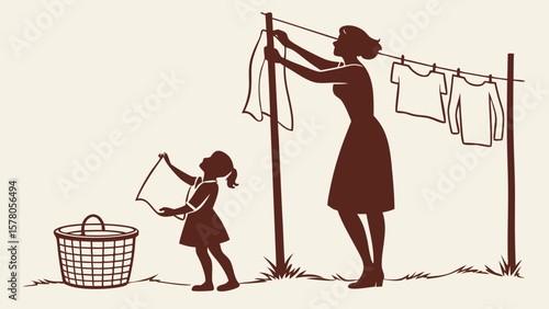 Mother and Daughter Hanging Laundry – Vintage Family Farmhouse Silhouette for Cut Files & Print