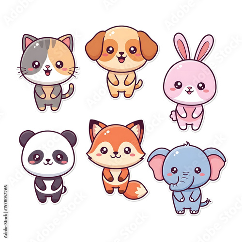Adorable Cartoon Animal Friends Cat Dog Bunny Panda Fox and Elephant