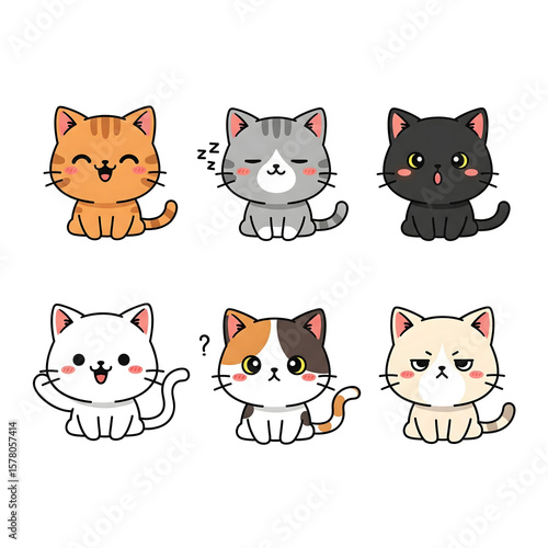 Adorable Cartoon Cats Displaying Various Emotions and Poses in a Group