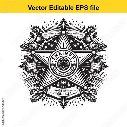 Monochrome Sheriff Star Badge Design Intricate Details and Vintage Aesthetics Emblem of Law Enforcement Symbol of Authority