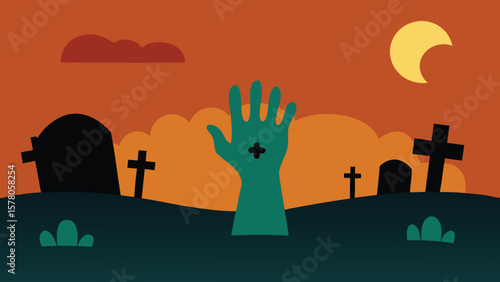 Spooky halloween illustration of a zombie hand emerging from a graveyard under the moonlight