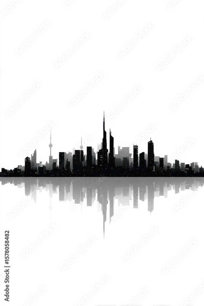 Naklejka premium A minimalist black silhouette of a city skyline reflected in still water, conveying a sense of urban tranquility