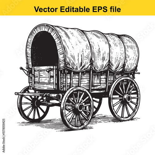 Vintage Covered Wagon Depicting Pioneer Days and Western Expansion in Detailed Woodcut Style Illustration