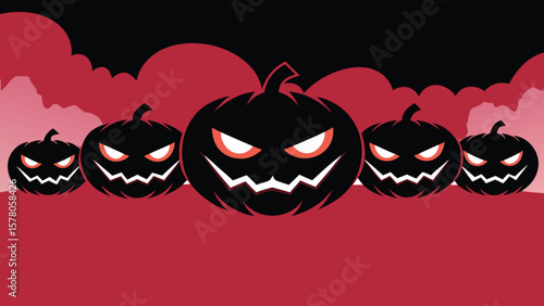 Spooky halloween pumpkins with evil glowing eyes and creepy grins against red background