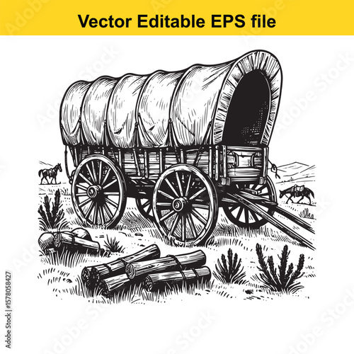 Detailed Woodcut Illustration of a Covered Wagon in the American West with Horses in the Background