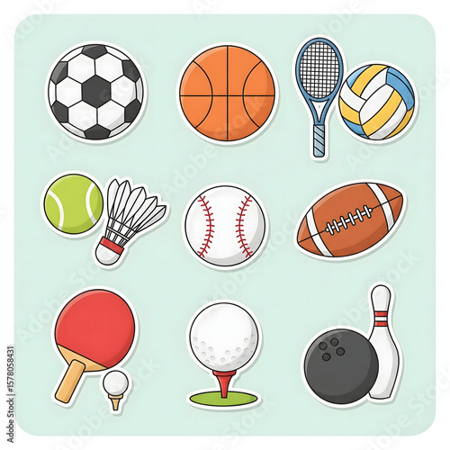Assorted Sports Equipment Stickers Soccer Basketball Tennis Volleyball Baseball Football Table Tennis Golf Bowling