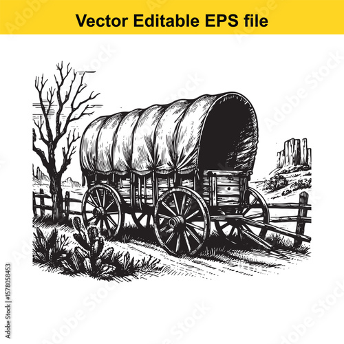 Vintage Covered Wagon in the American West Black and White Illustration with Desert Landscape and Rustic Fence