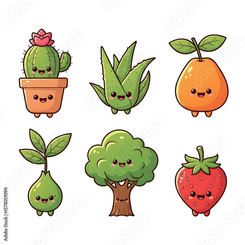 Cartoon Plants and Fruit Characters with Smiling Faces and Small Legs