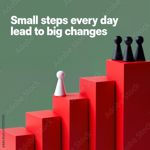 Small steps every day lead to big changes Conceptual image of a white game piece climbing red steps towards success surpassing black game pieces at the top