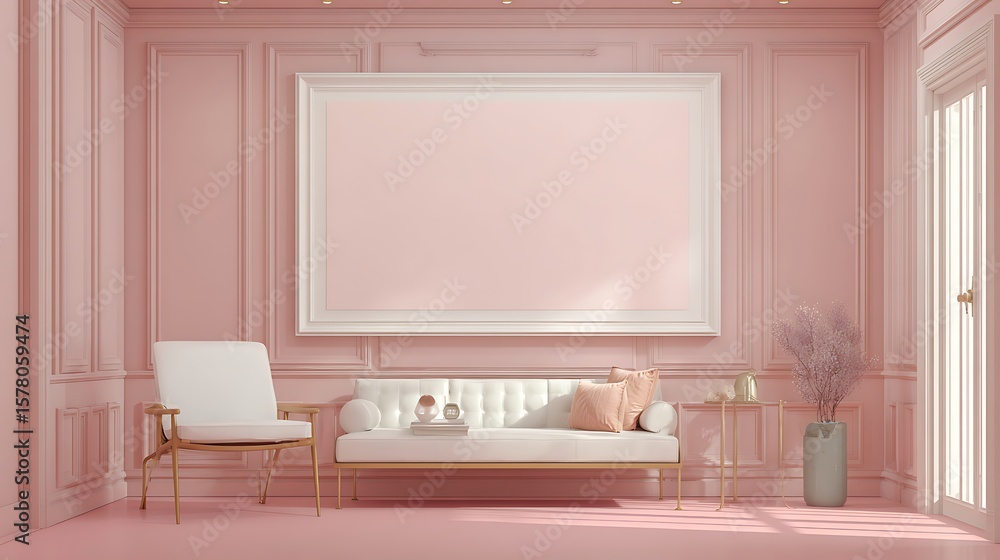 Pink Living Room with White Furniture and Large Empty Frame Pink Living Room with White Furniture and Large Empty Frame