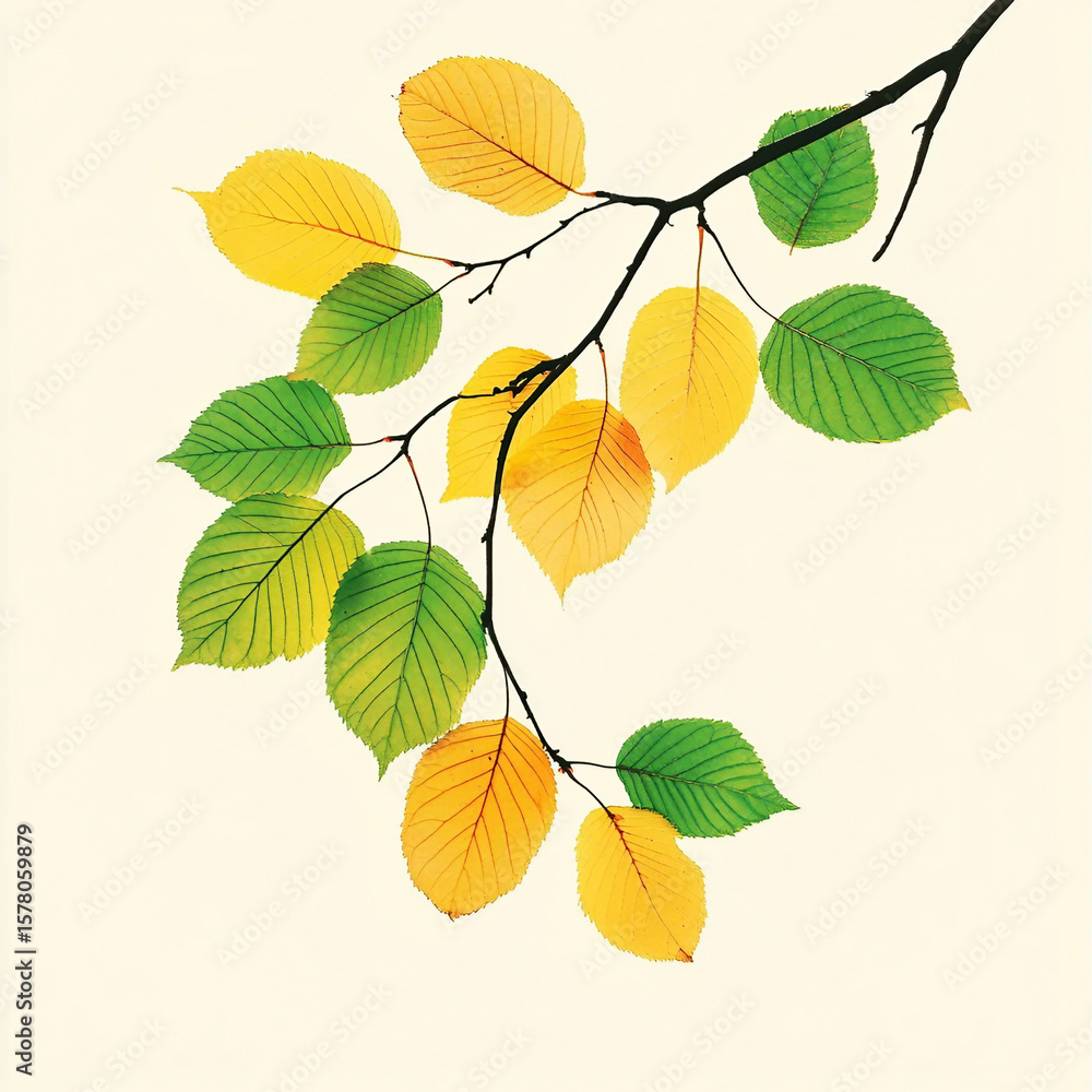 Fototapeta premium Autumn Transition Vivid Yellow Green Leaves Branch. AI Generated