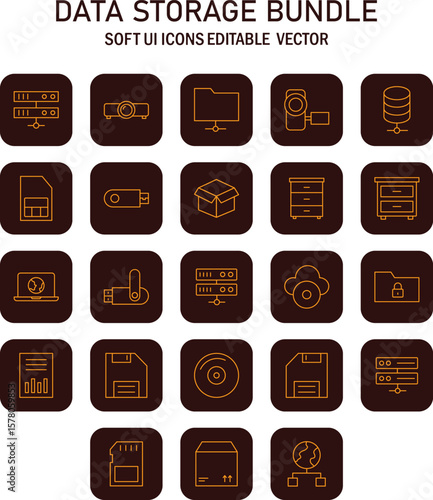 Collection of Editable Data Storage and Technology Icons for Modern UI Design Applications representing diverse data