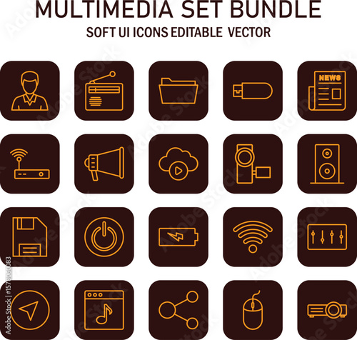 Comprehensive collection of multimedia interface icons for diverse digital platforms and applications offering a user