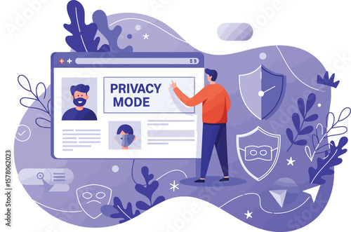 Privacy mode concept illustration showing user profile and security shield for data protection and online privacy management 