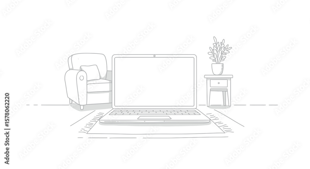 Fototapeta premium Laptop on rug with armchair and plant in a simple line drawing format