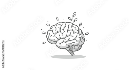 Illustration of a brain with leaves growing out of it on white background