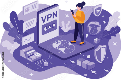 Wallpaper Mural Virtual Private Network VPN security concept with user and digital protection icons in purple tones  Torontodigital.ca