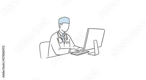 Doctor in scrubs typing on a computer keyboard in a medical office area
