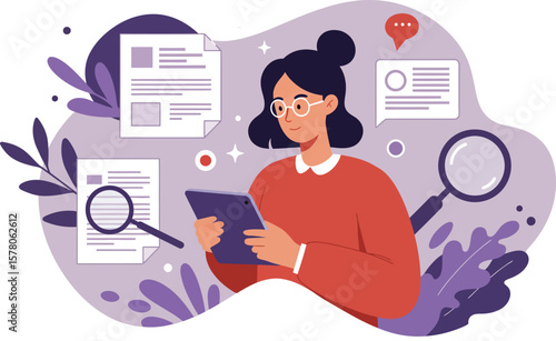 Woman holding tablet surrounded by documents and magnifying glass in purple workspace vector illustration 