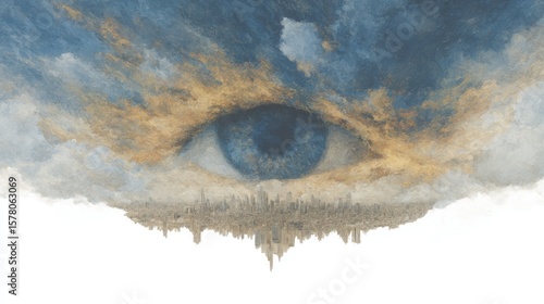 Surreal eye painting with city silhouette in the clouds and beautiful blue sky