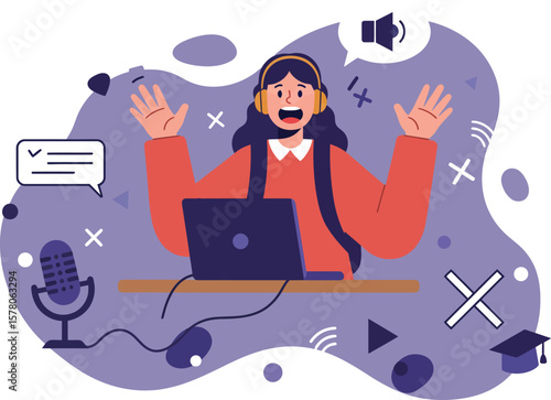Female podcaster recording episode with microphone and laptop in purple tones vector illustration 