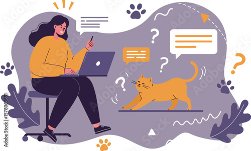 Woman using laptop interacting with cat surrounded by question marks and paw prints in vector illustration 
