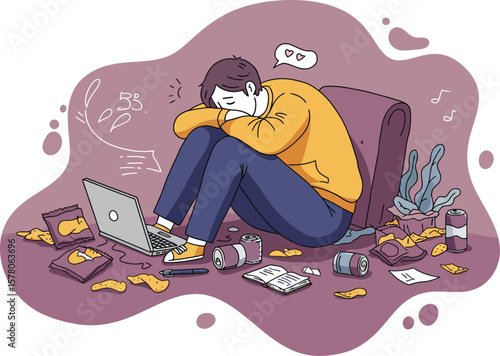 Stressed man sitting on floor surrounded by crumpled papers and laptop in cluttered room vector illustration 