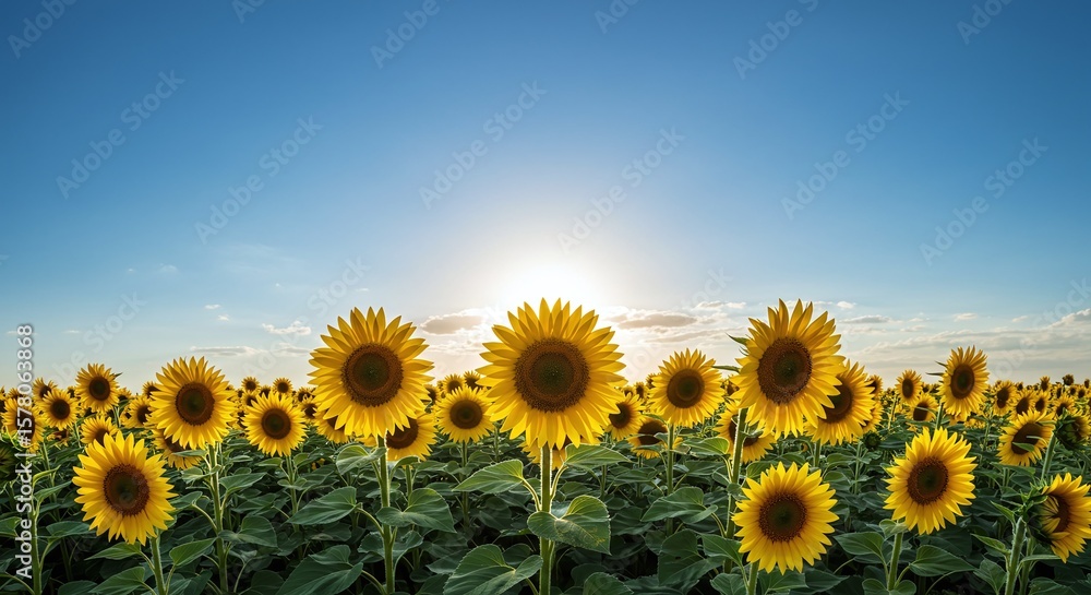 Fototapeta premium Bright Sunflower Field Under Clear Blue Sky During Sunset