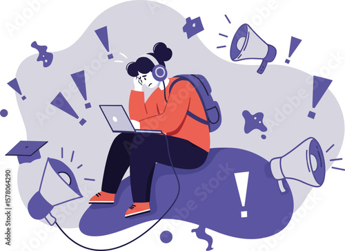Young person using laptop with headphones surrounded by loudspeakers and sound icons vector illustration 