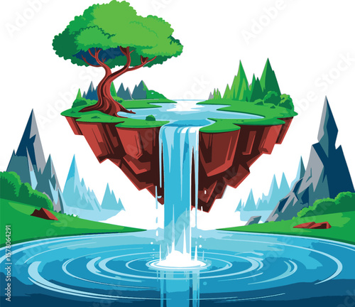 Floating island with cascading waterfall and lush green tree red rock
