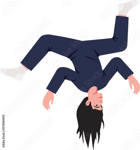 Woman in dark suit falling upside down in dynamic action pose vector illustration 
