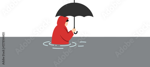 Person in red raincoat holding black umbrella standing in flood water with ripples vector illustration 