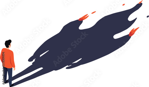 Person standing with large dark shadow and fiery flame tips symbolic vector illustration