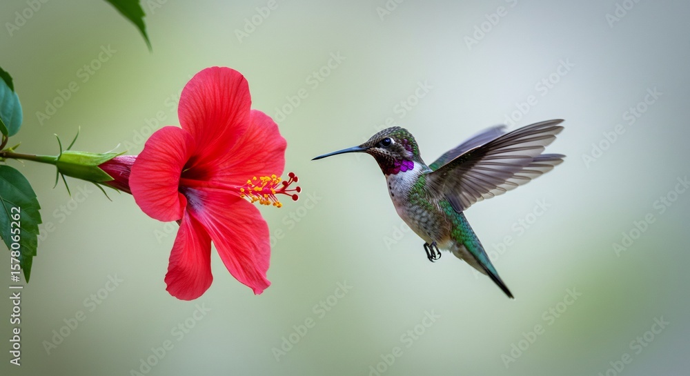 Fototapeta premium Anna's Hummingbird in Flight, Graceful Nectar Sipping from Vibrant Red Hibiscus