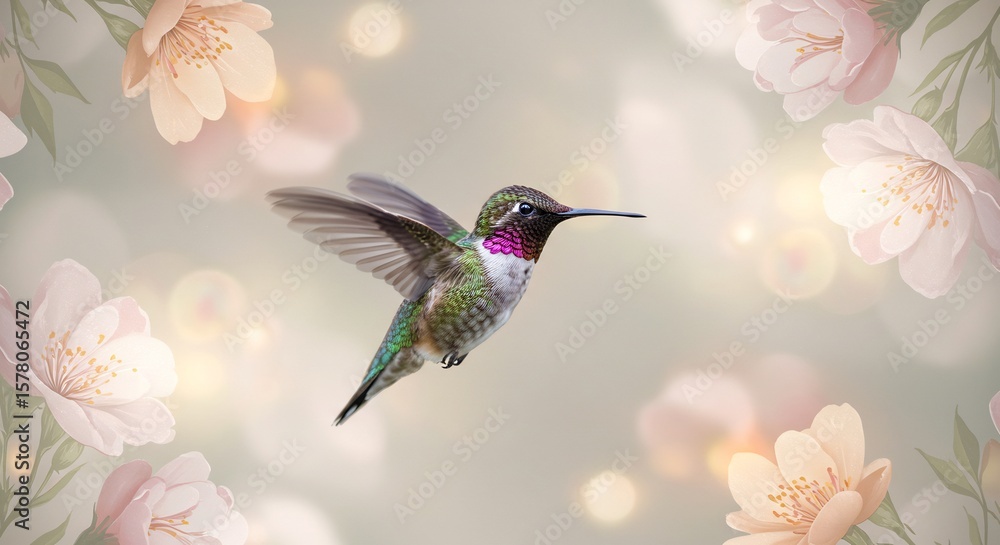 Naklejka premium Anna's Hummingbird in Flight, Soft Pastel Floral Frame