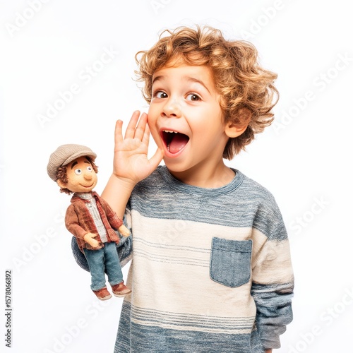 child boy mimicking talking with hand puppet gesture humorous expression white background