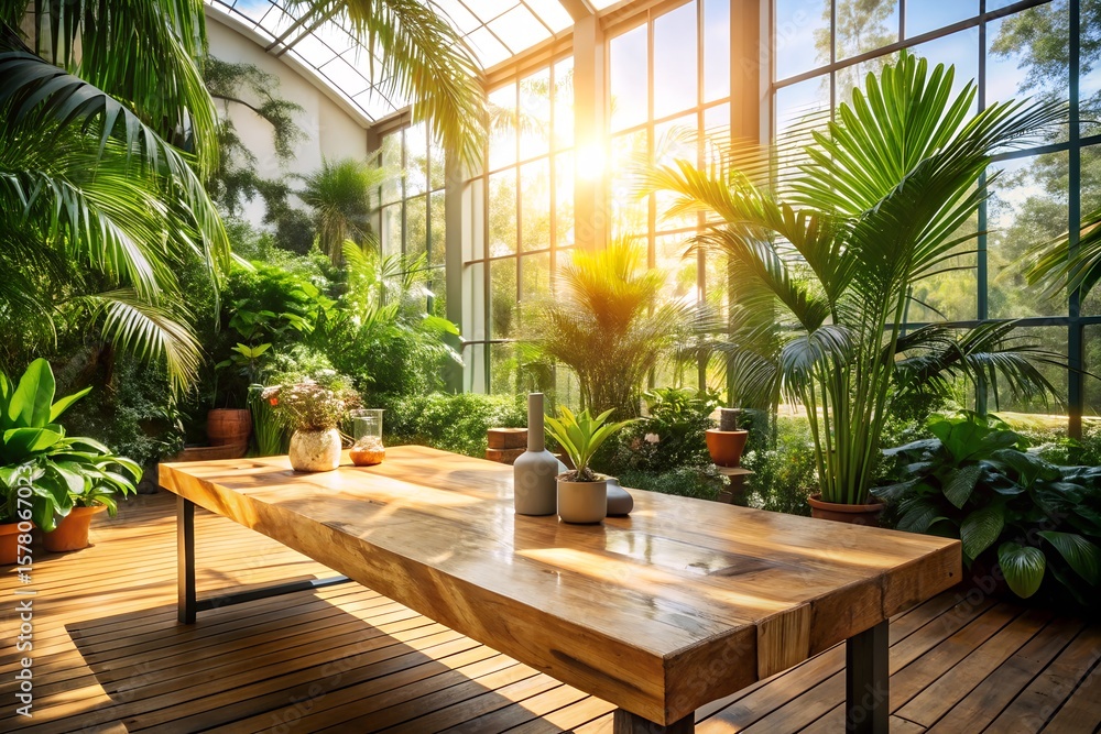 Fototapeta premium Sunlight streams into a greenhouse with a wooden table surrounded by plants