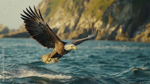 Majestic eagle soaring over ocean waves