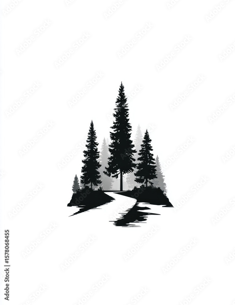 Obraz premium Silhouette of three evergreen trees flanking a winding path, set against a subtly shaded background