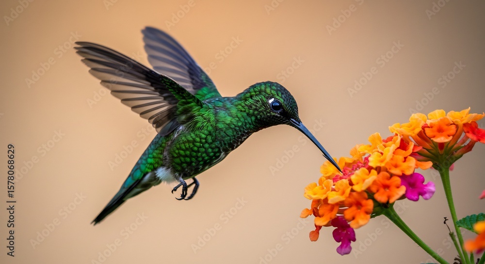 Obraz premium Emerald Hummingbird's Graceful Nectar Sip: Vibrant Lantana Bloom, Soft Light