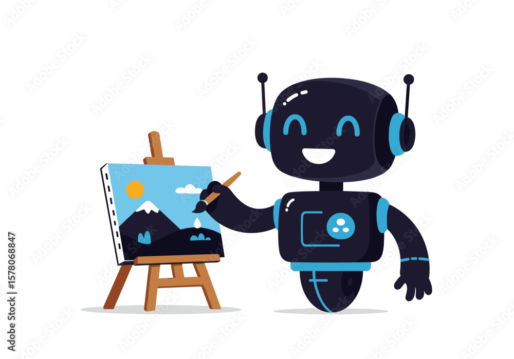 Fototapeta premium A cheerful, black and blue robot with a happy expression is diligently painting a vibrant landscape on an easel, symbolizing artificial intelligence and creativity.