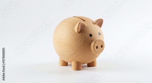 Wooden Piggy Bank Toy in Light Natural Finish on White Background