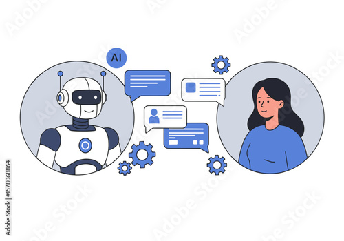 AI robot and human communicating through digital chat bubbles, symbolizing artificial intelligence and modern communication technology in a clean, modern style.
