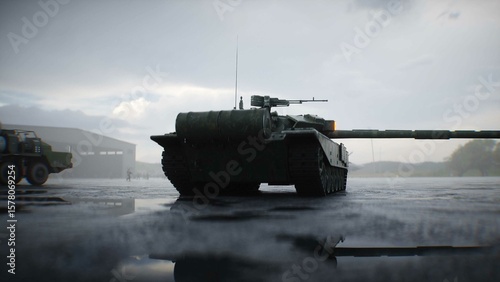 Military russian base. Russian battle tank. 3d rendering.