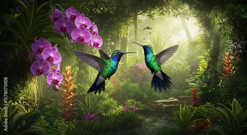 Enchanting Hummingbird Duet in a Lush, Sun-Dappled Rainforest