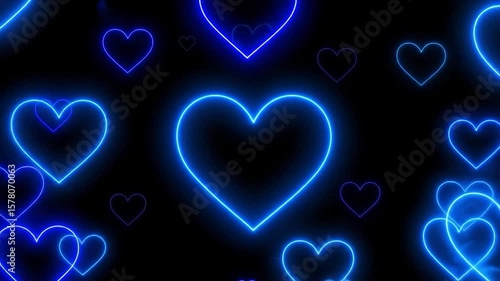 Neon blue hearts on black background