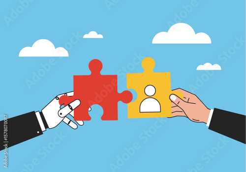 A robotic hand and a human hand connect puzzle pieces representing AI collaboration and human resources, symbolizing synergy in a bright, cloud-filled sky.