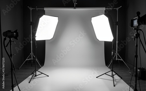 Black and white image of a professional photo studio with lighting equipment set up, ready for a photoshoot or filming session. High quality